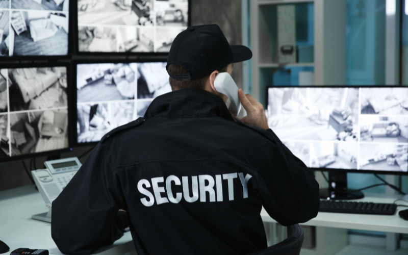 homme devarnt dans un PC de sécurité regardant des images de controles