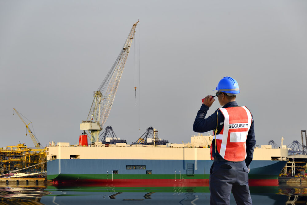 bateau cargo dans un port avec un homme portant un casque et un gilet "sécurité"