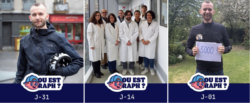 Visuels de Raph à J-31, de l'équipe médical qui le suit à J-14 et à J-01 avec déjà une récolte de 5000€ pour sa cagnotte